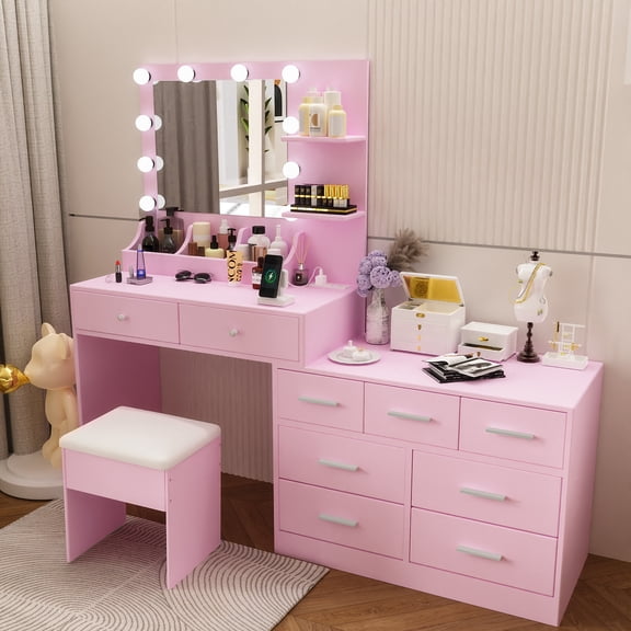 9-Drawer 2-Shelf 3-Desktop Storage Dressing Table Set, Dressing table with 3-Color Light Bulbs Combined Cabinets Particleboard with Textured Melamine Finish, 31.5*15.75*55.1in, Pink