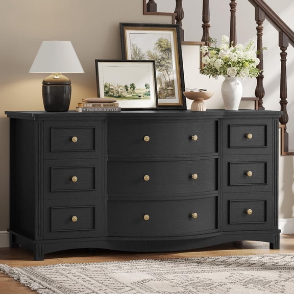 9-Drawer Chest, Wide Dresser with 3 Large Arc Fronts,Roman Column Decor, Spacious Bedroom Storage Furniture, 55 Inch Long