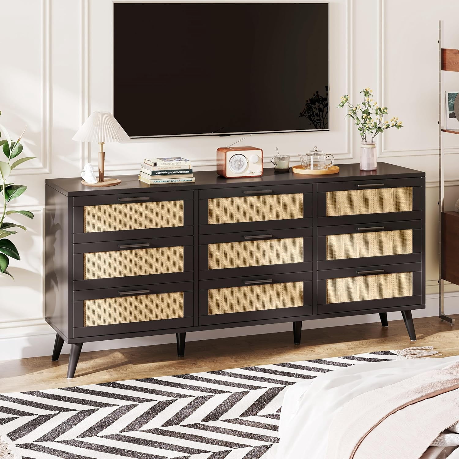 9 Drawer Double Dresser for Bedroom, Rattan Chest of Dressers, Modern ...