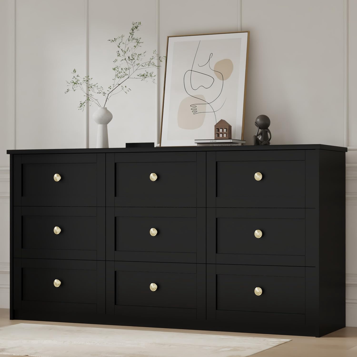 9 Drawer Double Dresser for Bedroom, 59.1" Wide Black Dressers & Chests ...