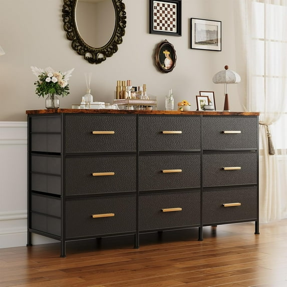 9 Drawer Dresser,47 Inch Dresser TV Stand for 50, 55 Inch TV,Fabric Chest of Drawer for Bedroom, Closet, Black