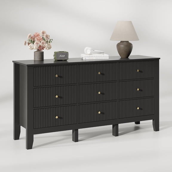 9 Drawer Dresser, 57" Extra Wide Fluted Dresser, Chests of Drawers with Anti-Tip  Kit & Smooth Silent Gliding for Closet, Hallway, Bedroom Organization Storage