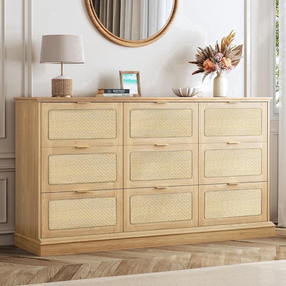 Rattan Dresser for Bedroom with 9 Drawers, 60 Inch Chest of Drawers, Modern Wooden Dresser for Living Room, Entryway, Natural Oak