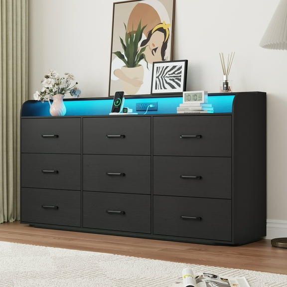 9 Drawer Dresser for Bedroom, 63" Large Long Wood dresser with Power Outlet, LED Light and Deep Big Drawers, Modern Minimalist Black Dresser Wide Chest of Drawers for Bedroom, Living Room