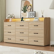 9 Drawer Dresser for Bedroom, 63" Large Long Wood dresser with Power Outlet, LED Light and Deep Big Drawers, Modern Minimalist Oak Dresser Wide Chest of Drawers for Bedroom, Living Room