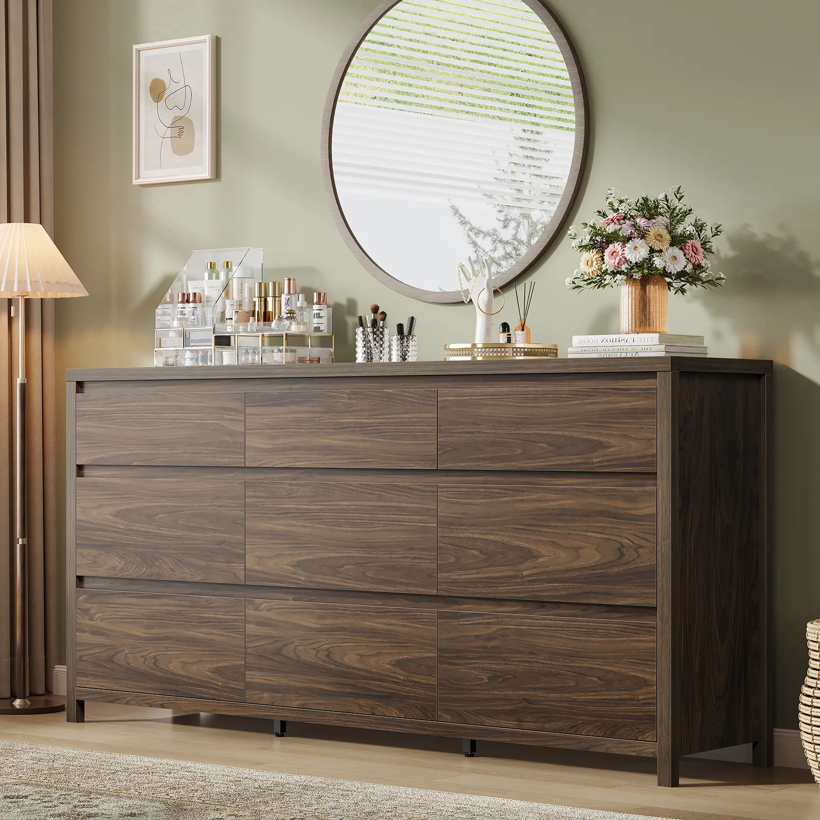 9 Drawer Dresser for Bedroom, 63" Wide Wooden Closet Dresser with Smooth Drawer, Large Dressers & Chests of Drawers for Bedroom Living Room, Walnut Dresser