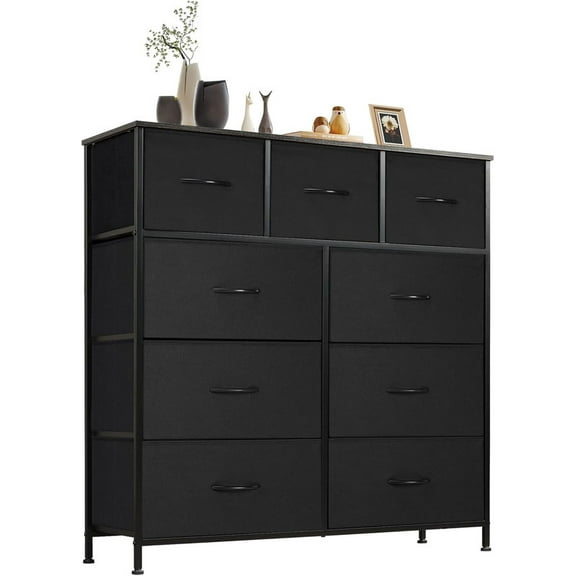 9-Drawer Dresser for Bedroom, Anti-Tip Tall Storage Organizer Chest of Drawers with Wooden Top and Metal Frame Fabric Bins for Nursery, Closet, Living Room, Entryway, Black