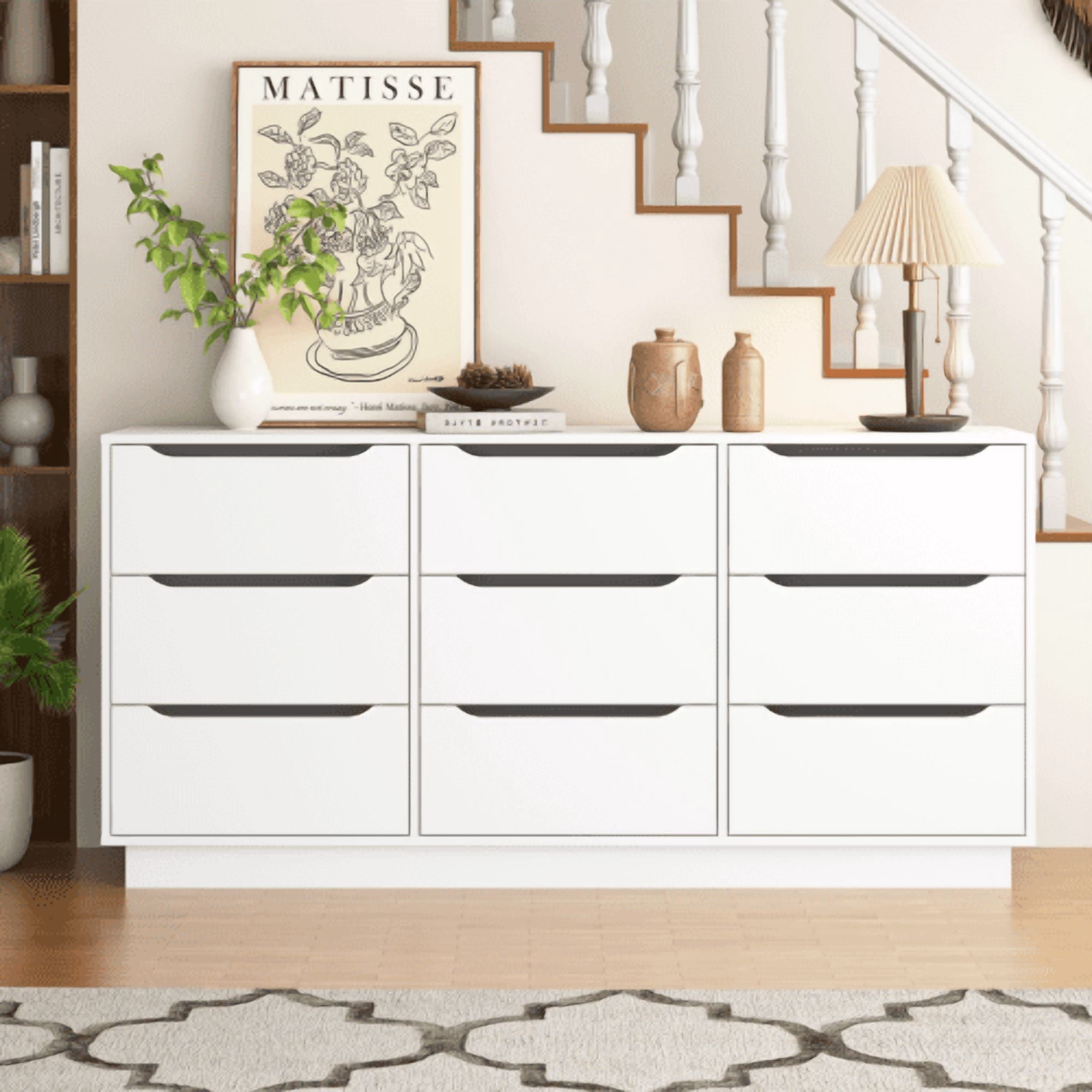 9 Drawer Dresser for Bedroom with Deep Drawers, Large Wood Chest of Drawers, Modern Long Floor Storage Dresser for Closet Living Room Hallway, Sturdy Organizer Tower, White
