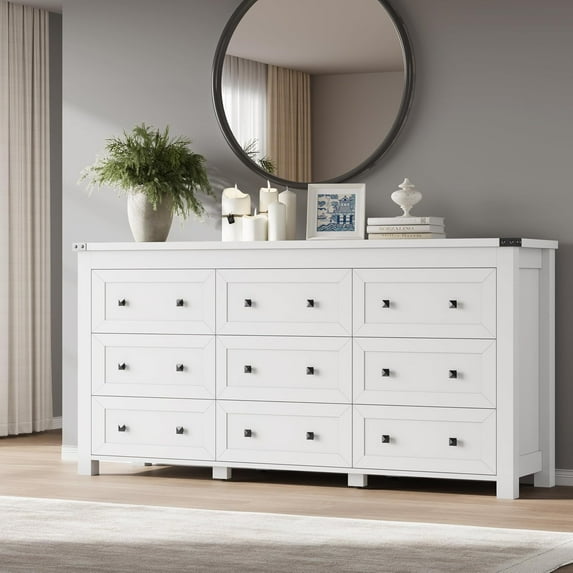 9-Drawer Dresser for Bedroom, Modern Wide Chest of Drawers, Wooden Storage Organizer for Closet, Living Room, Entryway, Home Office, Dresser with Ample Storage