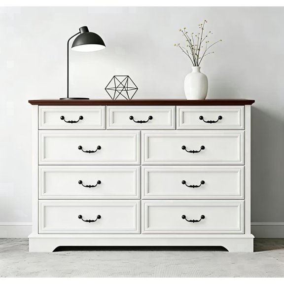 9 Drawer Dresser for Bedroom, White Rustic Chest of Drawers with Ample Storage Space, Solid Wood Look & Metal Handles, Clothes Storage Organizer for Home, Entryway and Living Room