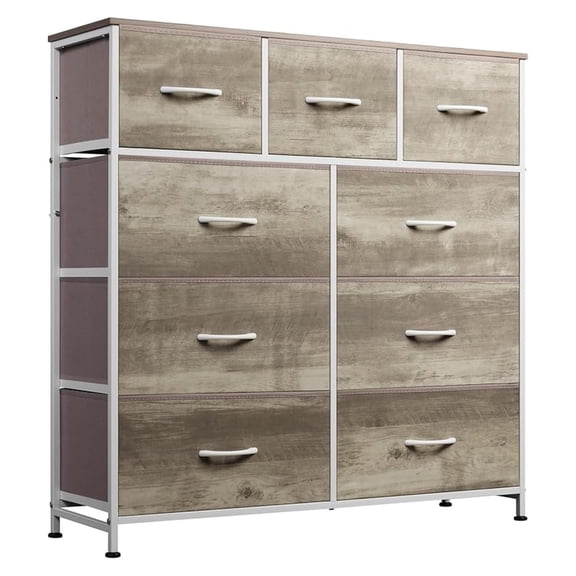 9-Drawer Dresser, Fabric Storage Tower for Bedroom, Hallway, , Closet, Tall Chest Organizer Unit with Fabric Bins, Steel Frame, Wood Top, Easy Pull Handle, Greige