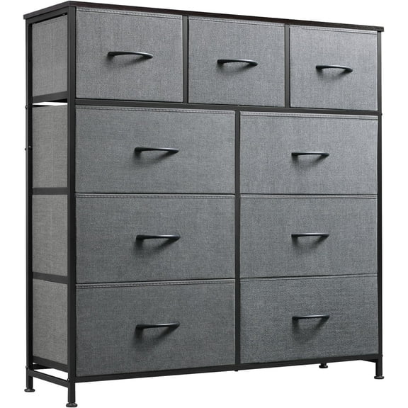 9-Drawer Dresser, Fabric Storage Tower for Bedroom, Hallway, Entryway, Closet, Tall Chest Organizer Unit with Fabric Bins, Steel Frame, Wood Top, Easy Pull Handle