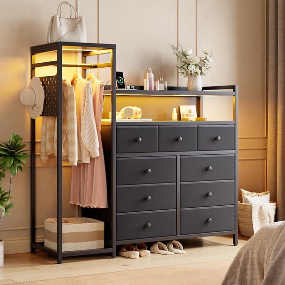 9-Drawer Dresser with Hanging Rack, 63" W Dressers with Wooden Top for Clothes Storage, Fabric Dresser with Charging Station & LED Lights,Fabric Chest of Drawers for Bedroom (Black)