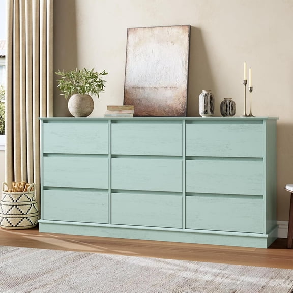 9-Drawer Dresser, Large Horizontal Storage Chest with Deep Drawers and Wide Top, Green