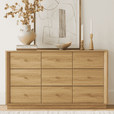 9 Drawer Dresser, Mid Century Modern Dresser with Storage, 55" Wide Chest of Drawers with Wood Grain Texture for Bedroom, Living Room, Hallway, Gold Oak