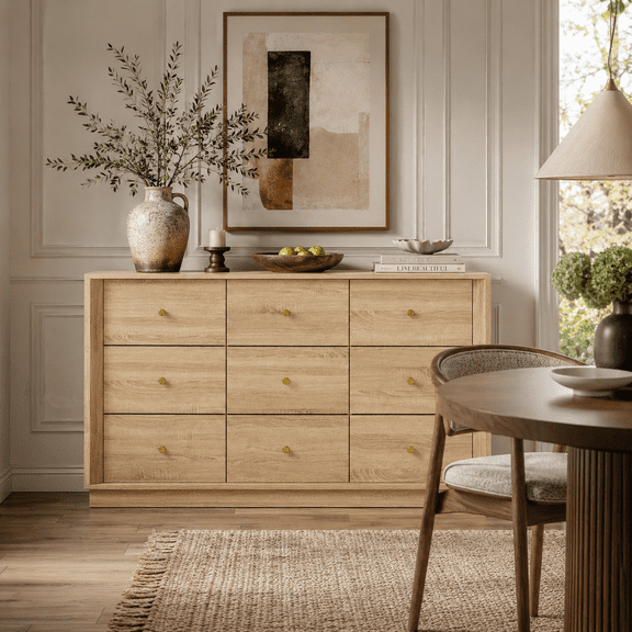 Wetalus 9-Drawer Spacious Mid-Century Modern Dresser with Ample Storage, 55", Oak