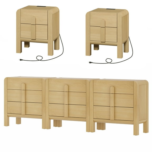 9 Drawer Dresser and Nightstand Sets for Bedroom, 5 Pcs Bedroom Set，Night Stand Set of 2, 9 Drawer Dresser with Curved Profile Design, Wood Chest of Drawers Mid Century Storage Cabinet Set