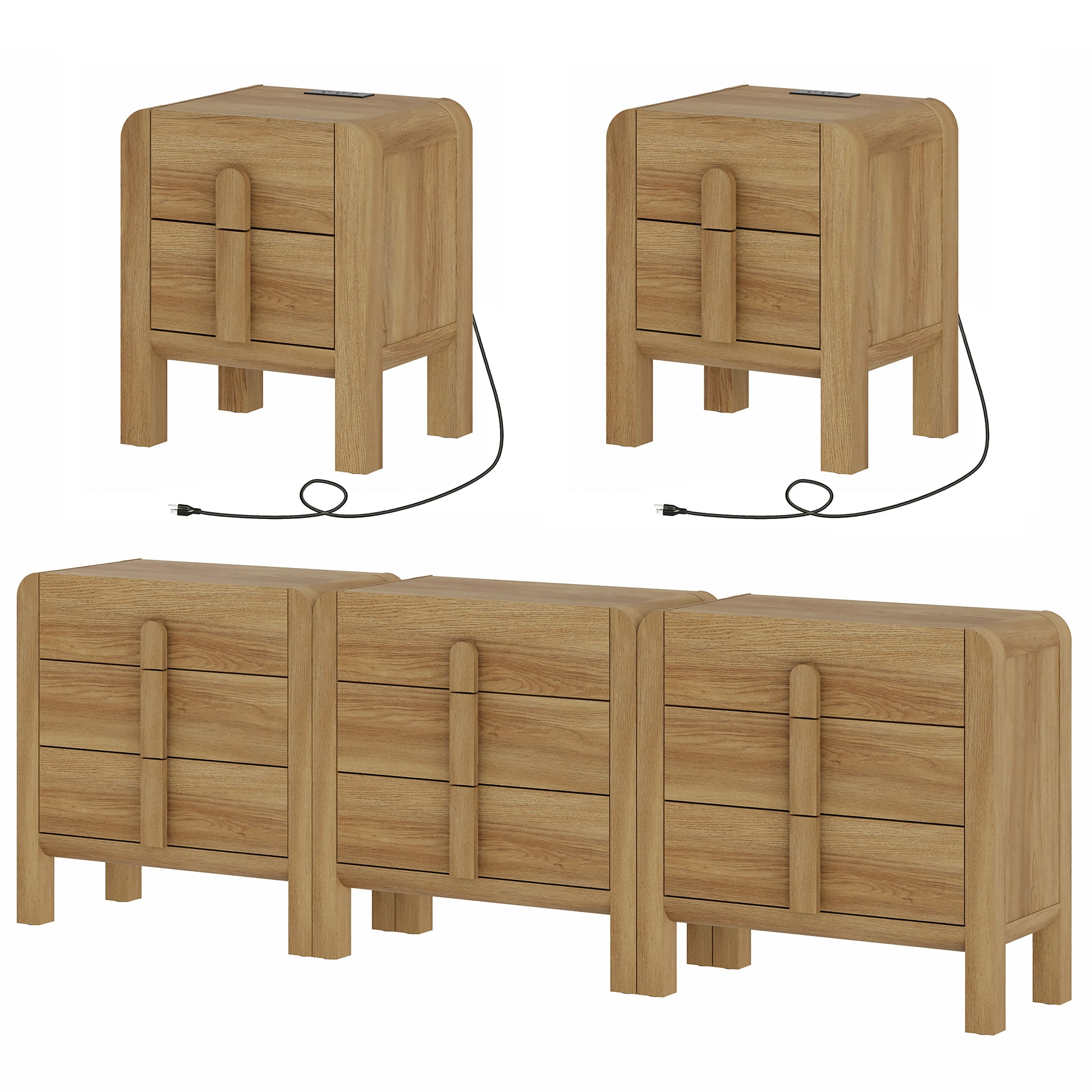 9 Drawer Dresser and Nightstand Sets for Bedroom, 5 Pcs Bedroom Set，Night Stand Set of 2, 9 Drawer Dresser with Curved Profile Design, Wood Chest of Drawers Mid Century Storage Cabinet Set