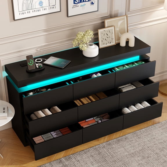 9-Drawer Dresser with Power Socket and LED Lights, 3-Tier Modern Storage Chest with Ample Capacity & Smooth Glides, for Living Rooms, Bedrooms, or Home Offices, Black
