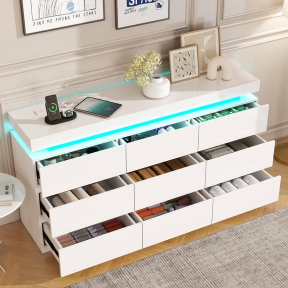 9-Drawer Dresser with Power Socket and LED Lights, 3-Tier Modern Storage Chest with Ample Capacity & Smooth Glides, for Living Rooms, Bedrooms, or Home Offices, White