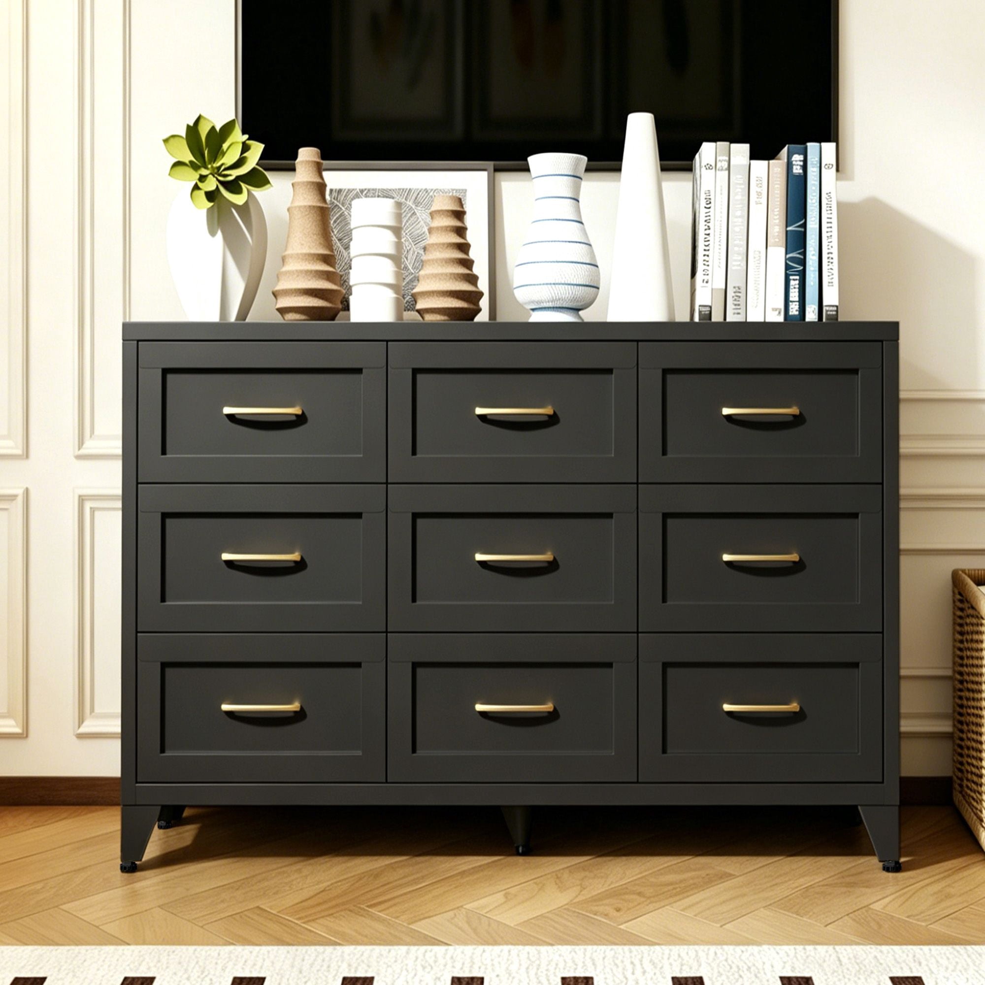 9 Drawer Dresser, Steel Chest of Drawers with Quiet-Glide Rails, 52 in Wide, 30 in High, Metal Storage Dresser for Bedroom, Closet, Hallway, Entryway