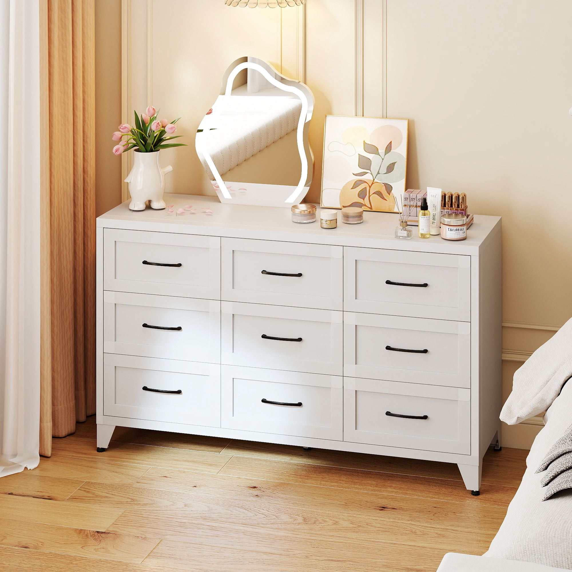 9 Drawer Dresser, Steel Chest of Drawers with Quiet-Glide Rails, 52 in Wide, 30 in High, White Metal Storage Dresser for Bedroom, Closet, Hallway