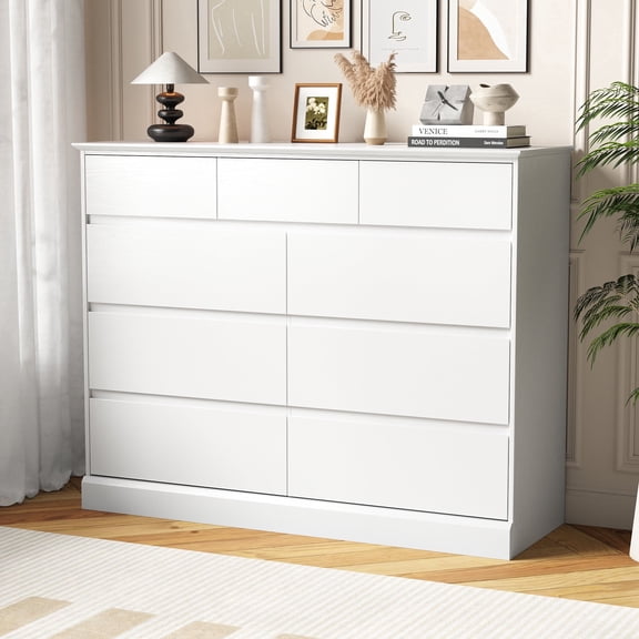 9 Drawer Dresser, White Chest of Deep Drawers, Modern Dressers with Storage, Large Drawer Organizer for Bedroom, Living Room, Handless Design, White