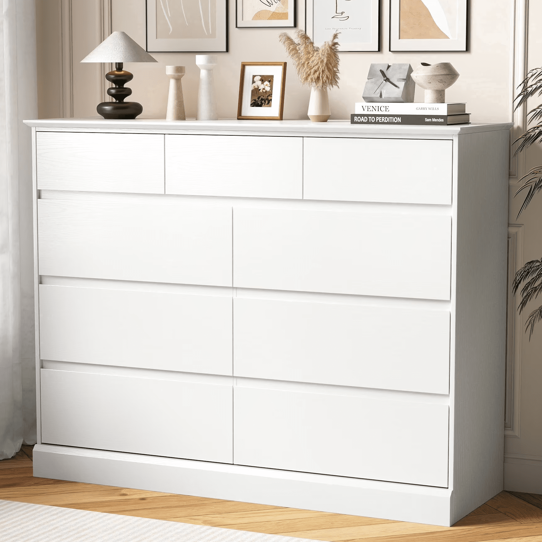 9 Drawer Dresser, White Chest of Deep Drawers, Modern Dressers with  Storage, Large Drawer Organizer for Bedroom, Living Room, Handless Design,  White
