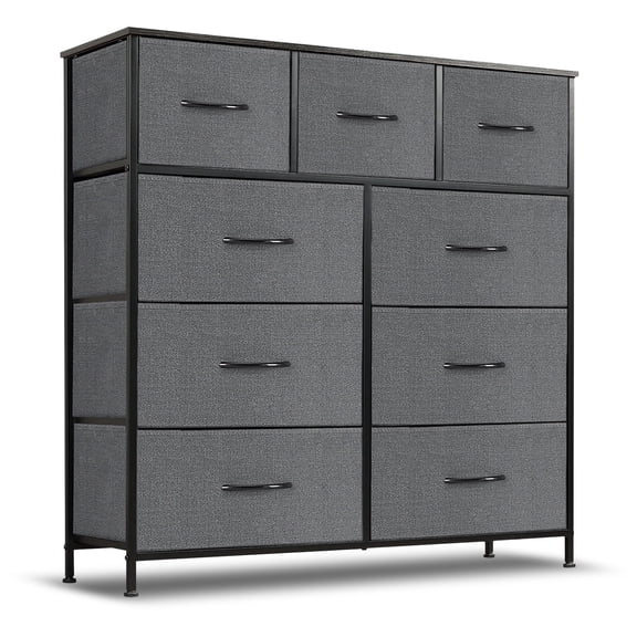Nextay 9 Drawer Dresser, Wide Chest Of Drawers Nightstand Storage Tower Storage Dresser Fabric Dresser With Wood Top for Living Room, Bedroom, Hallway, Grey
