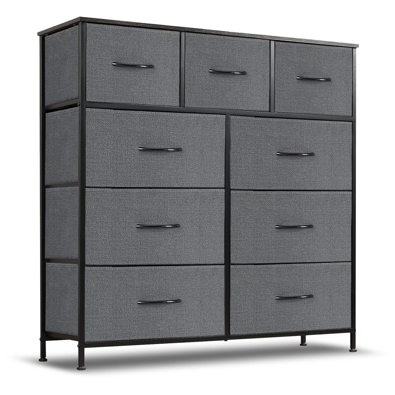 BIGLEAP 9 Drawer Fabric Dresser, Wide Storage Tower with Wood Top, Grey ...