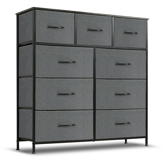 9 Drawer Dresser, Wide Chest Of Drawers Nightstand Storage Tower Storage Dresser Fabric Dresser With Wood Top for Living Room, Bedroom, Hallway, Grey