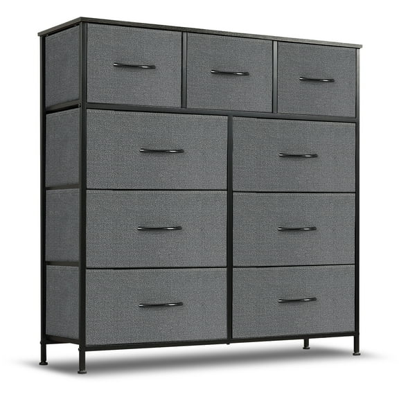 9 Drawer Dresser, Wide Chest Of Drawers Nightstand Storage Tower Storage Dresser Fabric Dresser With Wood Top for Living Room, Bedroom, Hallway, Grey