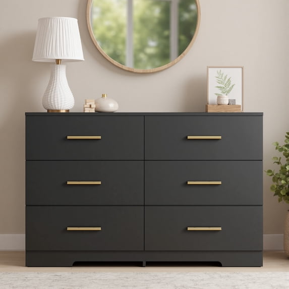 6 Drawer Dresser, Wood Bedroom Dresser with Large Storage Unit, Modern Wide Chest of Drawers with Golden Handle Large for Closet for Living Room Entry Hallway Furniture, Black