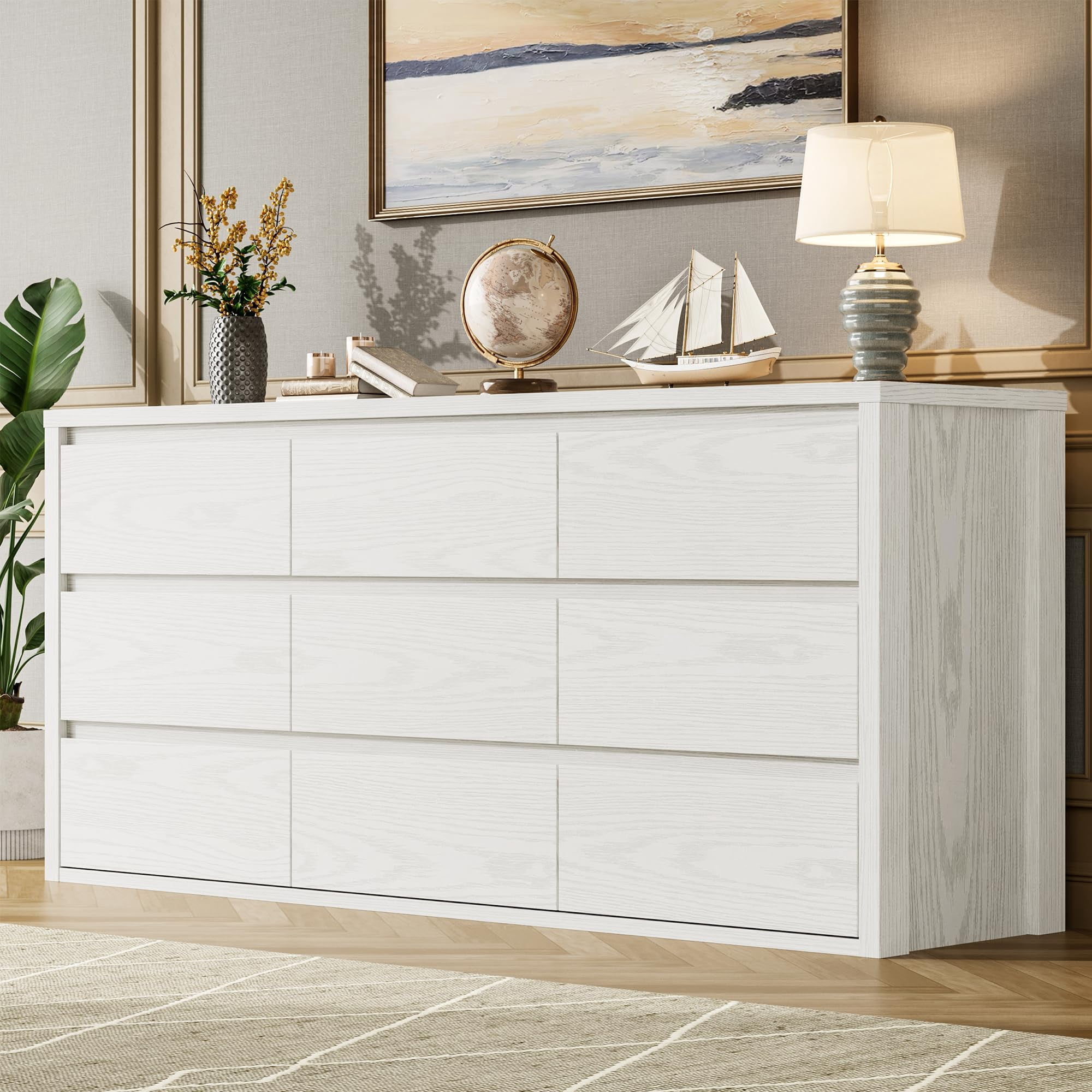 9 Drawer Dresser for Bedroom, Wide Chest of Drawers with Handleless Design, Large Wood Storage Organizer for Living Room Hallway Entryway, White