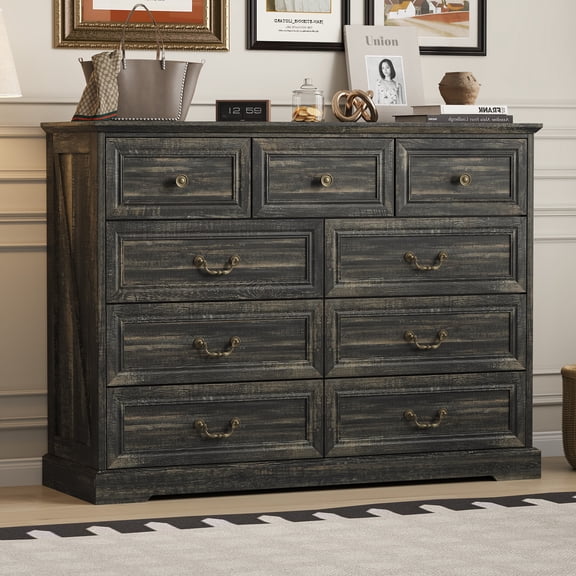 IDEALSOUL 9 Drawer Dresser for Bedroom, Retro Wood Storage Cabinet with Vintage Metal Handles, Vintage Chest of Drawers with Solid Base for Living Room, Hallway, Entryway, Guest Room