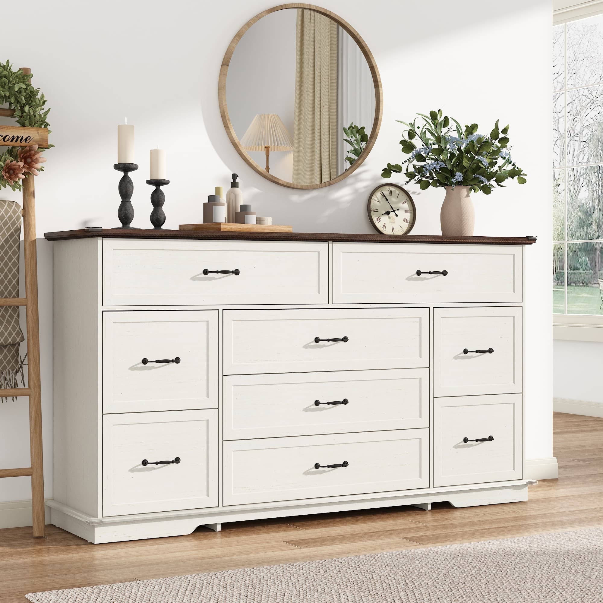 9 Drawer Dresser with Power Outlets, Farmhouse Chest Of Drawers, Double ...