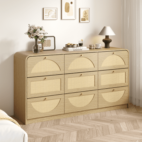 9-Drawer Dresser with Rattan Front, Modern Large Capacity Particle Board Chest of Drawers for Bedroom Living Room Entryway, Natural