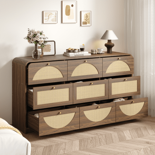 9-Drawer Dresser with Rattan Front, Modern Large Capacity Particle Board Chest of Drawers for Bedroom Living Room Entryway, Walnut