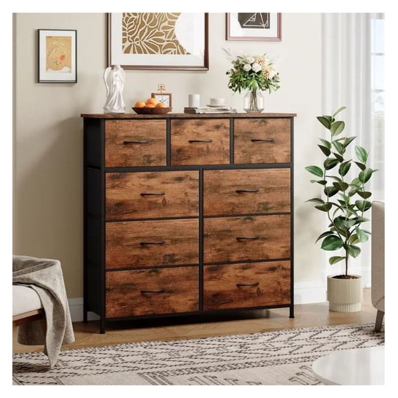 9-Drawer Dressing Table - Metal Frame Wooden Top Storage Tower - Bedroom Storage Unit - Freestanding Wardrobe - Entryway Living Room Wardrobe - Classic Fabric Drawers
