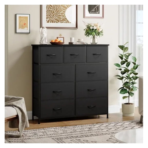9-Drawer Dressing Table, Metal Frame with Wooden Top - Bedroom/Living Room/Wardrobe Fabric Storage Cabinet - Freestanding Wardrobe