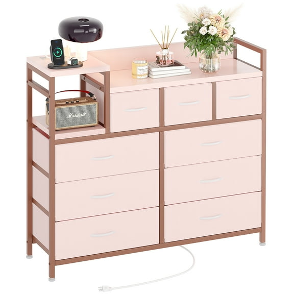 9-Drawer Fabric Dresser with Charging Station – Sturdy Iron Frame – Modern Bedroom & Living Room Chest – Large Storage Organizer – TV Stand – White & Brown