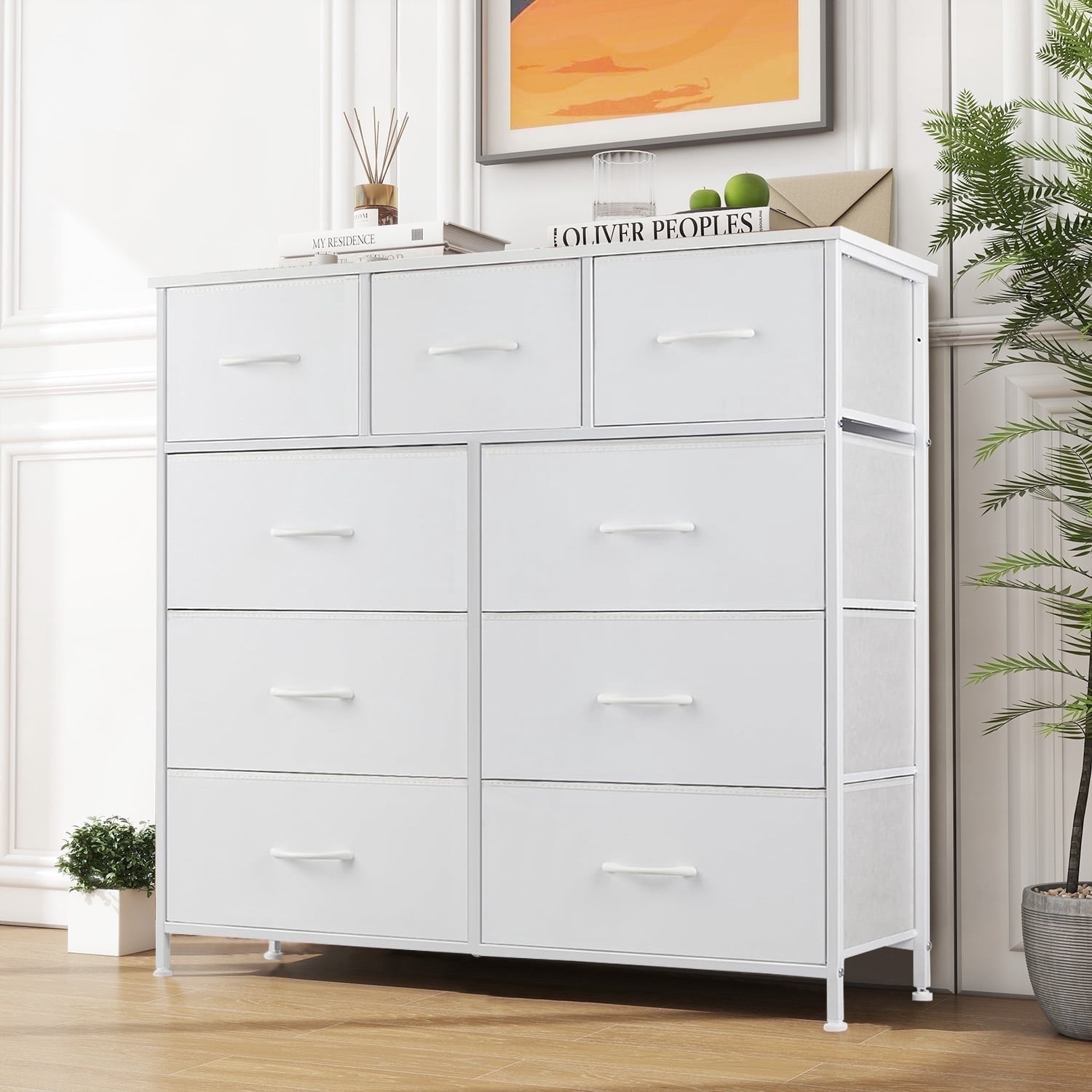 9-Drawer Fabric Dresser with Wood Top - Compact Storage Organizer for Bedroom, Closet, White