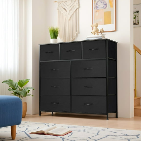 TINKLE WELL 9 Drawer Fabric Storage Dresser, Wide Foldable Bins for Easy Organization, Perfect for Closet, Bedrooms, Hallways, Black