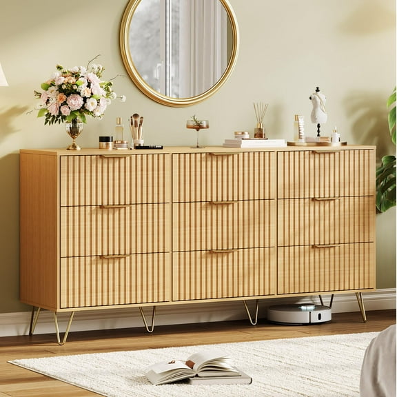 9 Drawer Fluted Dresser with Metal Handles, Wooden Chest for Storage, 63 Inches for Bedroom Living Room
