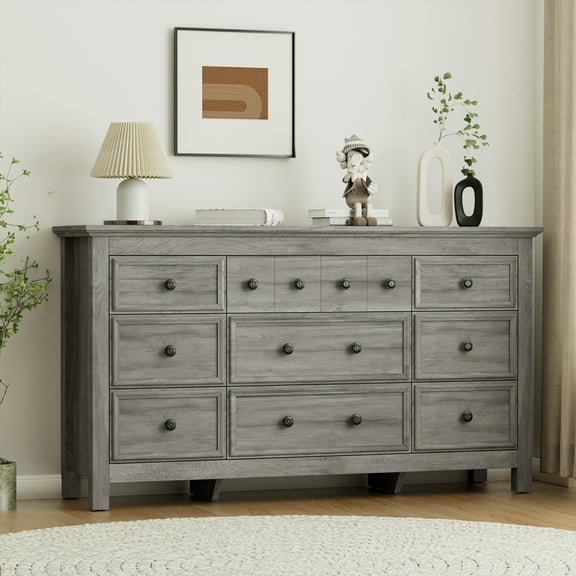 9 Drawer Horizontal Dresser for Bedroom, Modern Farmhouse Chest of Drawers Wood Storage Cabinet for Living Room, Gray