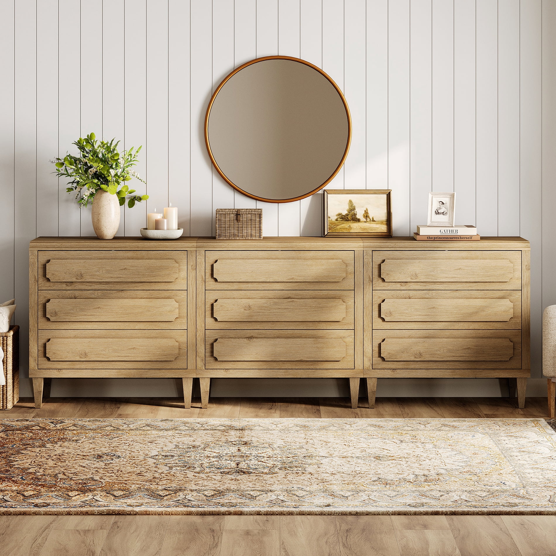 9-Drawer Modern Oak Dresser, Tall Wooden Dresser Storage Cabinet for Bedroom, Nursey, Hallway
