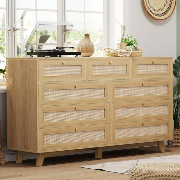 9 Drawer Rattan Dresser Modern Wooden Long Bedroom Chest of Drawers with Solid Wood Legs for Living Room, Wood