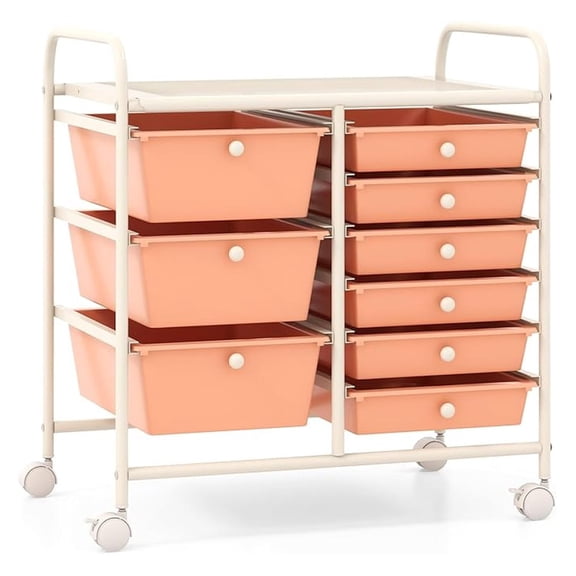 9 Drawer Rolling Storage Cart, Art Drawer Organizer for Supplies Tool Paper, Mobile Utility Cart on Wheels for Classroom Teacher Office Home School (Peach)