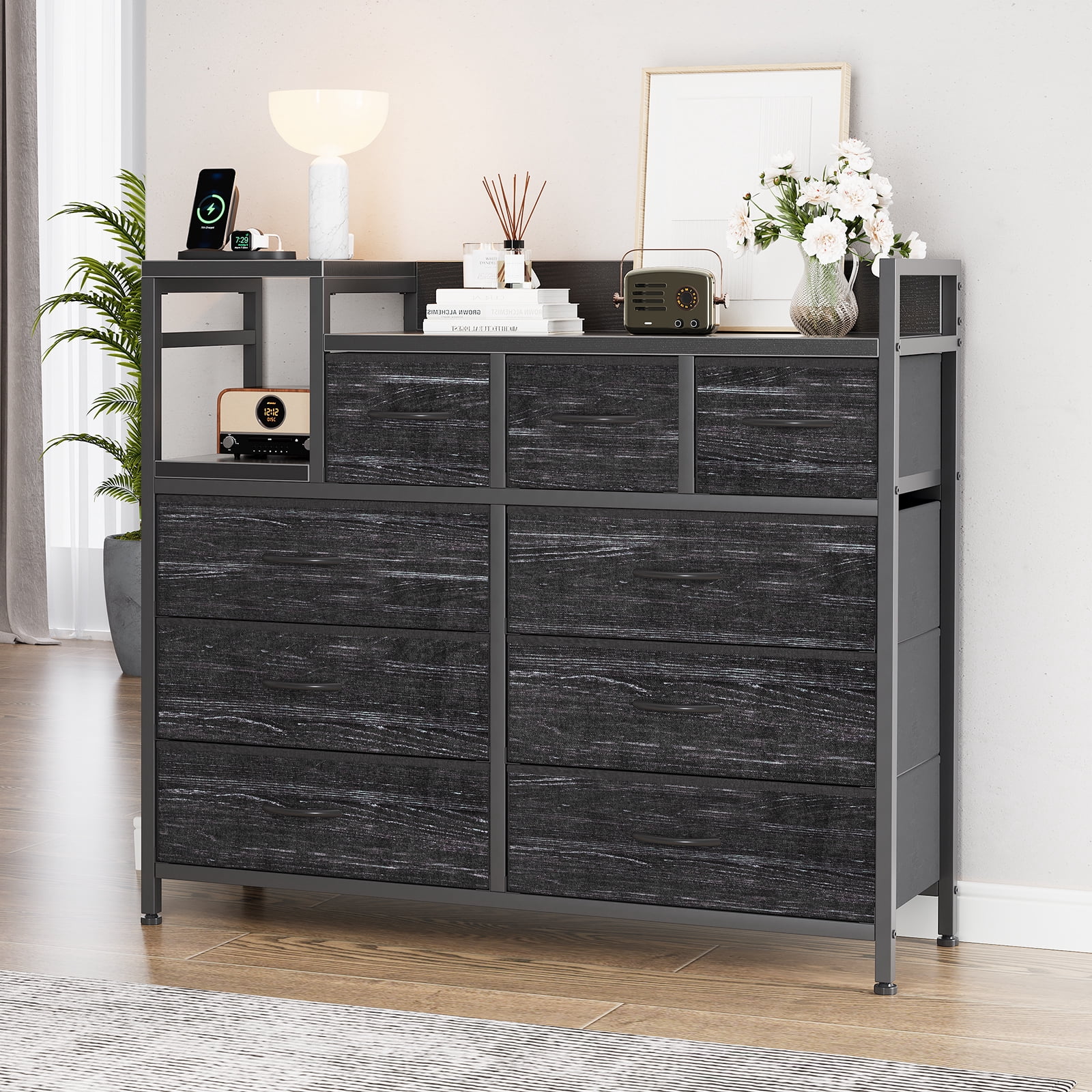 9-Drawer Storage Bedroom Dresser TV Stand with Built-in Charging Station, Multi-Functional for Kids Room & Apartments, Tall Organizer, Black