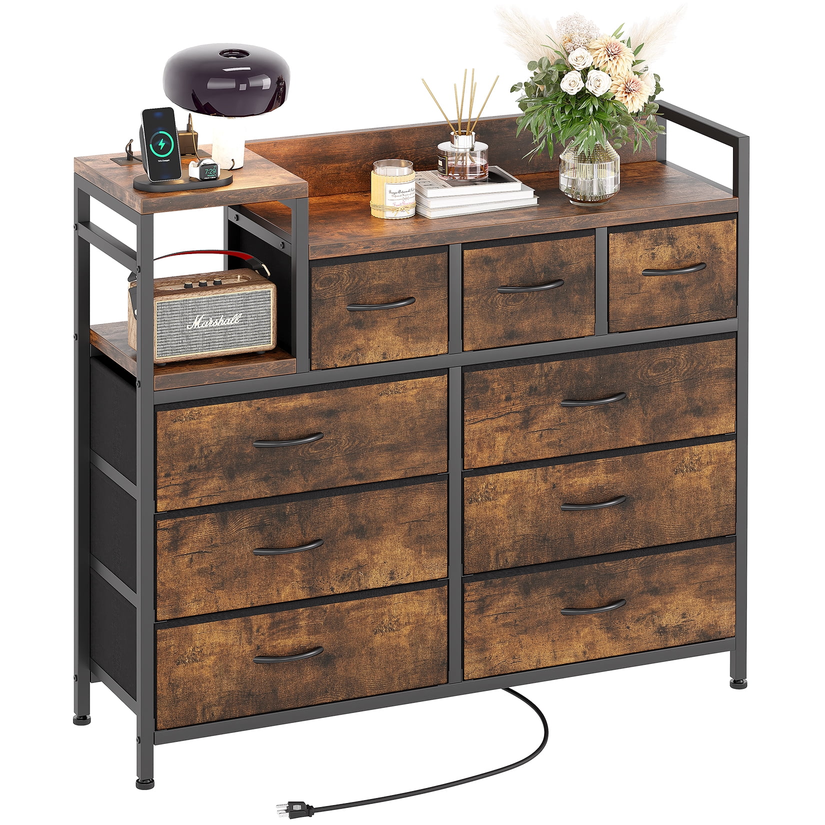 9-Drawer Storage Bedroom Dresser TV Stand with Built-in Charging Station, Multi-Functional for Kids Room & Apartments, Tall Organizer, Brown